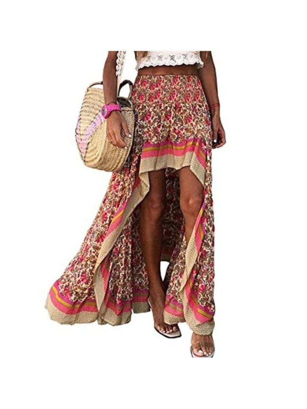 Fashion Pink Floral Long Skirt Elastic Waist Comfy Short Skirt